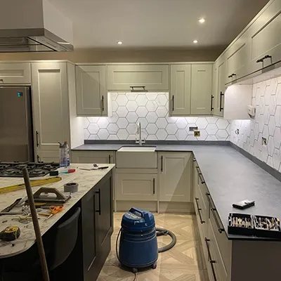 A large kitchen with a lot of counter space.